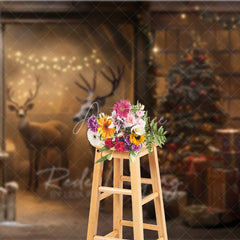 Aperturee - Aperturee Rustic Barn Christmas Backdrop Reindeer Tree Gift Photography Background Farmhouse Animal Winter Holiday Party