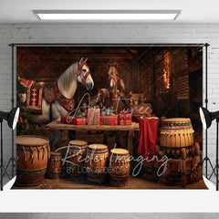 Aperturee - Aperturee Rustic Barn Christmas Backdrop White Horses Drums Gifts Stable Interior Photo Background