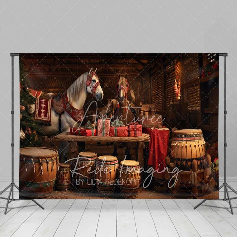 Aperturee - Aperturee Rustic Barn Christmas Backdrop White Horses Drums Gifts Stable Interior Photo Background