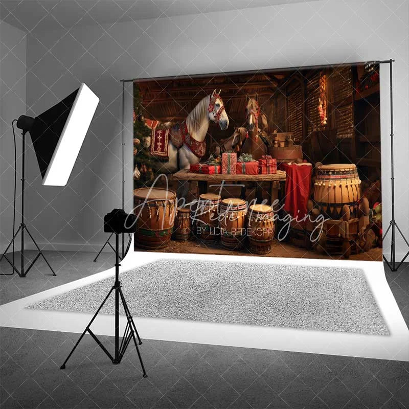 Aperturee - Aperturee Rustic Barn Christmas Backdrop White Horses Drums Gifts Stable Interior Photo Background