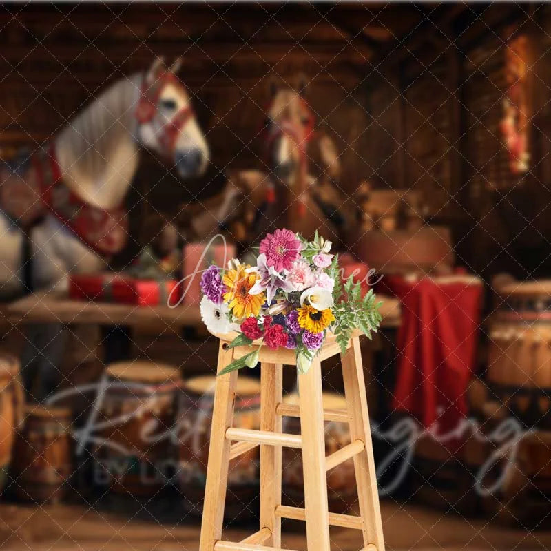 Aperturee - Aperturee Rustic Barn Christmas Backdrop White Horses Drums Gifts Stable Interior Photo Background