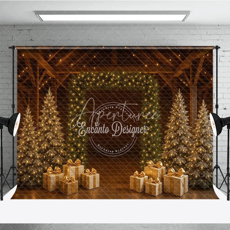 Aperturee - Aperturee Rustic Barn Christmas Photography Backdrop String Light Wall with Gold Presents Farmhouse Holiday Background