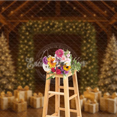 Aperturee - Aperturee Rustic Barn Christmas Photography Backdrop String Light Wall with Gold Presents Farmhouse Holiday Background