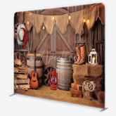 Aperturee - Aperturee Rustic Barn Cowboy Theme Square Double-Sided Backdrop with Hay Bales and String Lights Western Party Photography Decor
