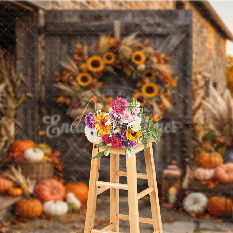 Aperturee - Aperturee Rustic Barn Door Autumn Photography Backdrop with Sunflowers Pumpkins Pampas Grass and Cozy Fall Harvest Decor