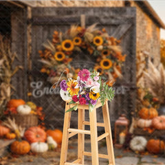 Aperturee - Aperturee Rustic Barn Door Autumn Photography Backdrop with Sunflowers Pumpkins Pampas Grass and Cozy Fall Harvest Decor