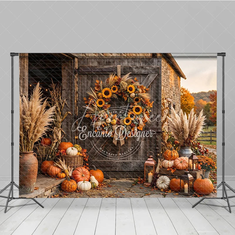 Aperturee - Aperturee Rustic Barn Door Autumn Photography Backdrop with Sunflowers Pumpkins Pampas Grass and Cozy Fall Harvest Decor