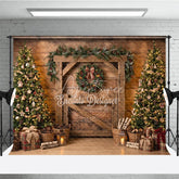 Aperturee - Aperturee Rustic Barn Door Holiday Backdrop with Decorated Christmas Trees Festive Wreath and Cozy Gifts Scene