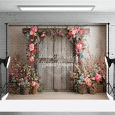 Aperturee - Aperturee Rustic Barn Door Photography Backdrop Spring Floral Arch with Pink Roses Farmhouse Wedding Photo Background