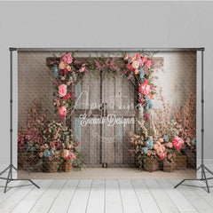 Aperturee - Aperturee Rustic Barn Door Photography Backdrop Spring Floral Arch with Pink Roses Farmhouse Wedding Photo Background