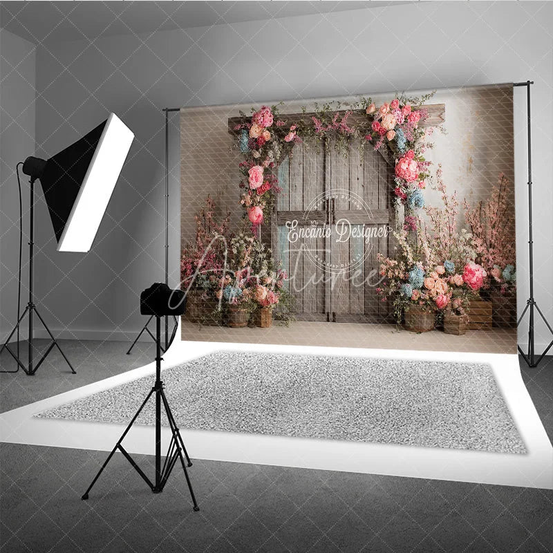 Aperturee - Aperturee Rustic Barn Door Photography Backdrop Spring Floral Arch with Pink Roses Farmhouse Wedding Photo Background