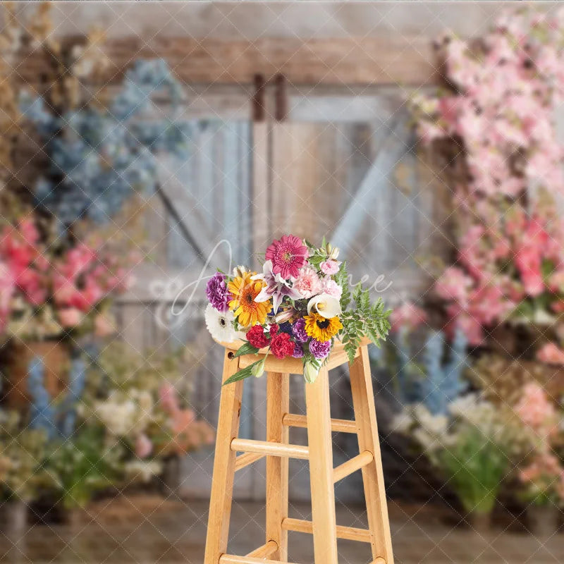Aperturee - Aperturee Rustic Barn Door Photography Backdrop Spring Flowers in Pink and Blue Fine Art Painterly Photo Background