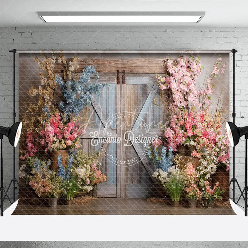 Aperturee - Aperturee Rustic Barn Door Photography Backdrop Spring Flowers in Pink and Blue Fine Art Painterly Photo Background