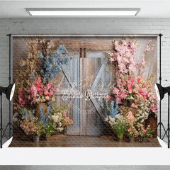 Aperturee - Aperturee Rustic Barn Door Photography Backdrop Spring Flowers in Pink and Blue Fine Art Painterly Photo Background