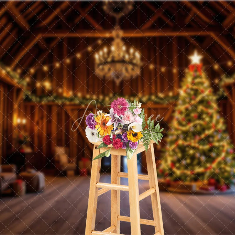 Aperturee - Aperturee Rustic Barn Interior Christmas Backdrop Wooden Room with Chandelier Lighted Xmas Tree Holiday Photo Prop