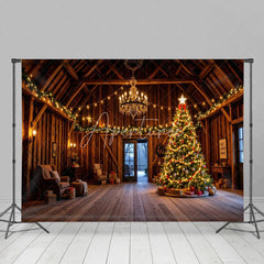 Aperturee - Aperturee Rustic Barn Interior Christmas Backdrop Wooden Room with Chandelier Lighted Xmas Tree Holiday Photo Prop