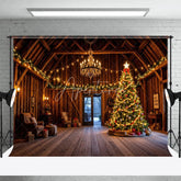 Aperturee - Aperturee Rustic Barn Interior Christmas Backdrop Wooden Room with Chandelier Lighted Xmas Tree Holiday Photo Prop