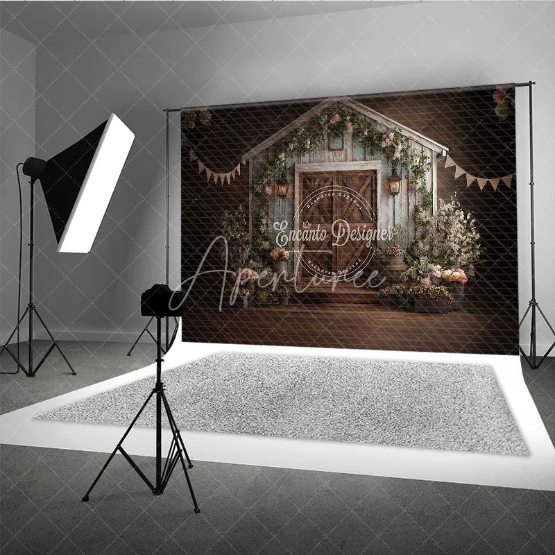 Aperturee - Aperturee Rustic Barn Wooden Door Photography Backdrop with Elegant Floral Decor and Lanterns for Wedding or Portrait Photoshoot