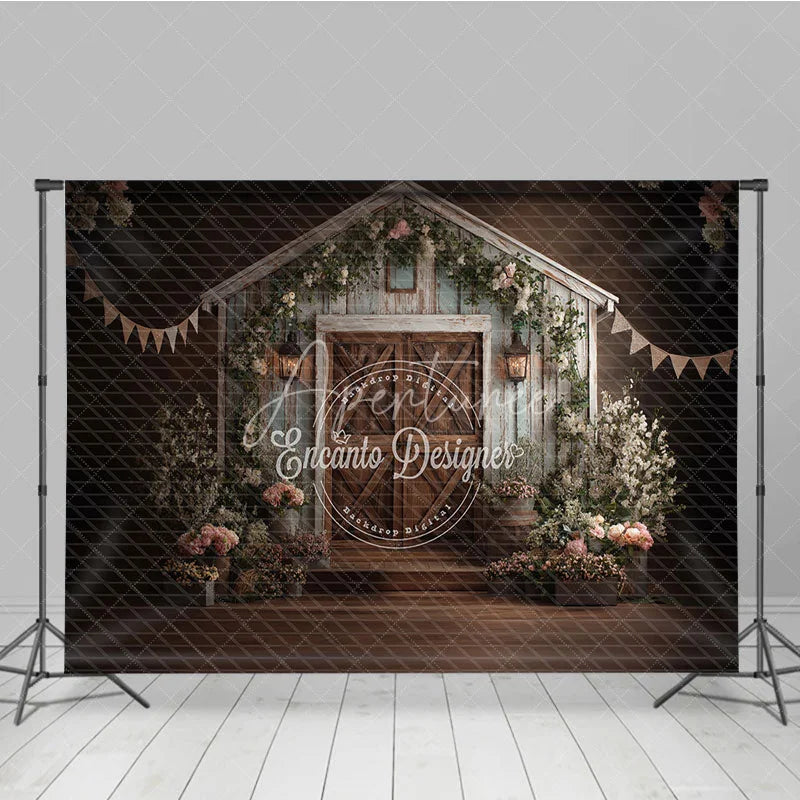 Aperturee - Aperturee Rustic Barn Wooden Door Photography Backdrop with Elegant Floral Decor and Lanterns for Wedding or Portrait Photoshoot