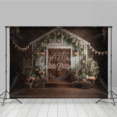 Aperturee - Aperturee Rustic Barn Wooden Door Photography Backdrop with Elegant Floral Decor and Lanterns for Wedding or Portrait Photoshoot