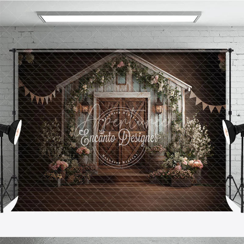 Aperturee - Aperturee Rustic Barn Wooden Door Photography Backdrop with Elegant Floral Decor and Lanterns for Wedding or Portrait Photoshoot
