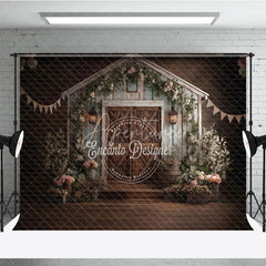 Aperturee - Aperturee Rustic Barn Wooden Door Photography Backdrop with Elegant Floral Decor and Lanterns for Wedding or Portrait Photoshoot