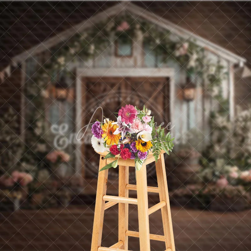 Aperturee - Aperturee Rustic Barn Wooden Door Photography Backdrop with Floral Decor Shabby Chic Farmhouse Style for Wedding or Baby Shower
