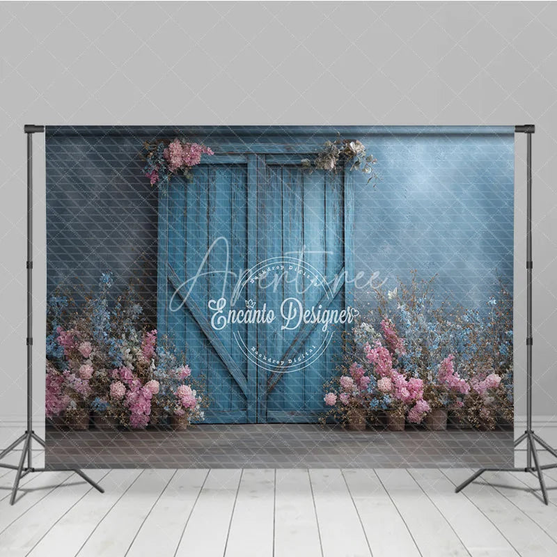 Aperturee - Aperturee Rustic Blue Barn Door Photography Backdrop Spring Flowers on Textured Wall Fine Art Painterly Photo Background
