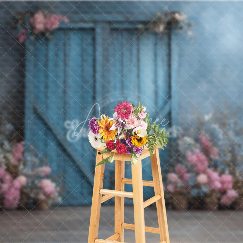Aperturee - Aperturee Rustic Blue Barn Door Photography Backdrop Spring Flowers on Textured Wall Fine Art Painterly Photo Background