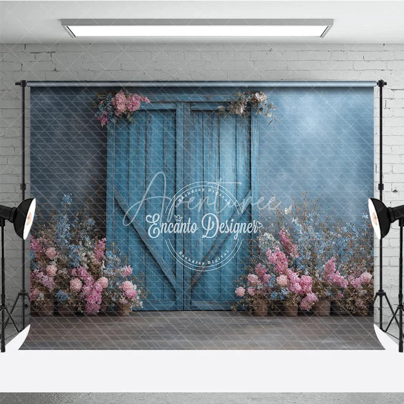 Aperturee - Aperturee Rustic Blue Barn Door Photography Backdrop Spring Flowers on Textured Wall Fine Art Painterly Photo Background