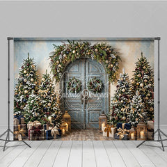Aperturee - Aperturee Rustic Blue Door Holiday Backdrop with Festive Garland and Snow-Dusted Christmas Trees Elegant Gifts and Lanterns