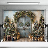 Aperturee - Aperturee Rustic Blue Door Holiday Backdrop with Festive Garland and Snow-Dusted Christmas Trees Elegant Gifts and Lanterns