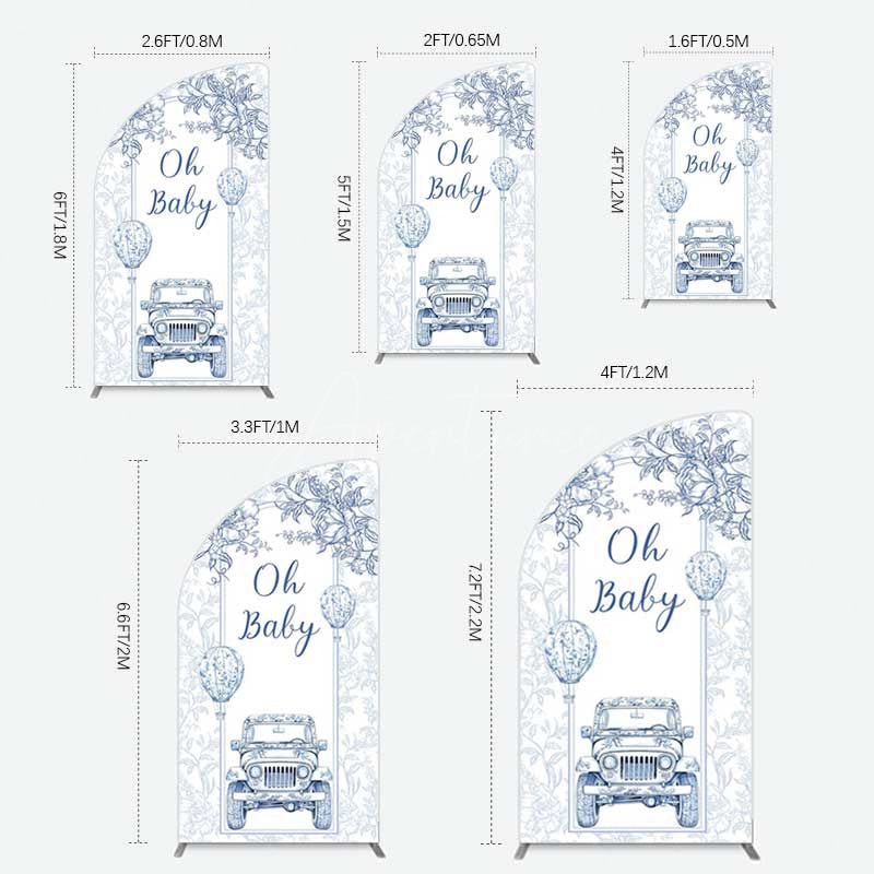 Aperturee Aperturee Rustic Blue Floral Truck Baby Shower Half Moon Arch Backdrop