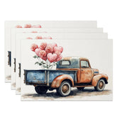 Aperturee - Aperturee Rustic Blue Truck Rose Heart Set of 4 Placemats Vintage Valentine Decoration Farmhouse Love Dining Table Mat