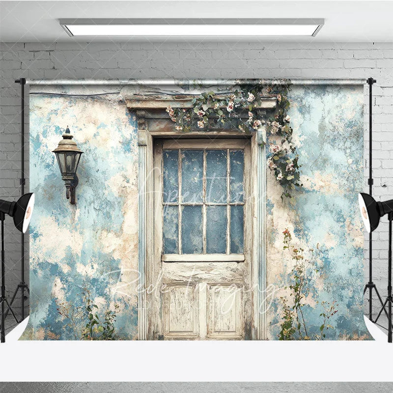 Aperturee - Aperturee Rustic Blue Wall and Door Retro Wall Backdrop Vintage Garden Entrance Photography Background