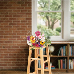 Aperturee - Aperturee Rustic Brick Wall and Window Photography Backdrop with Bookshelf Globe and Green Plants Natural Light Interior Scene