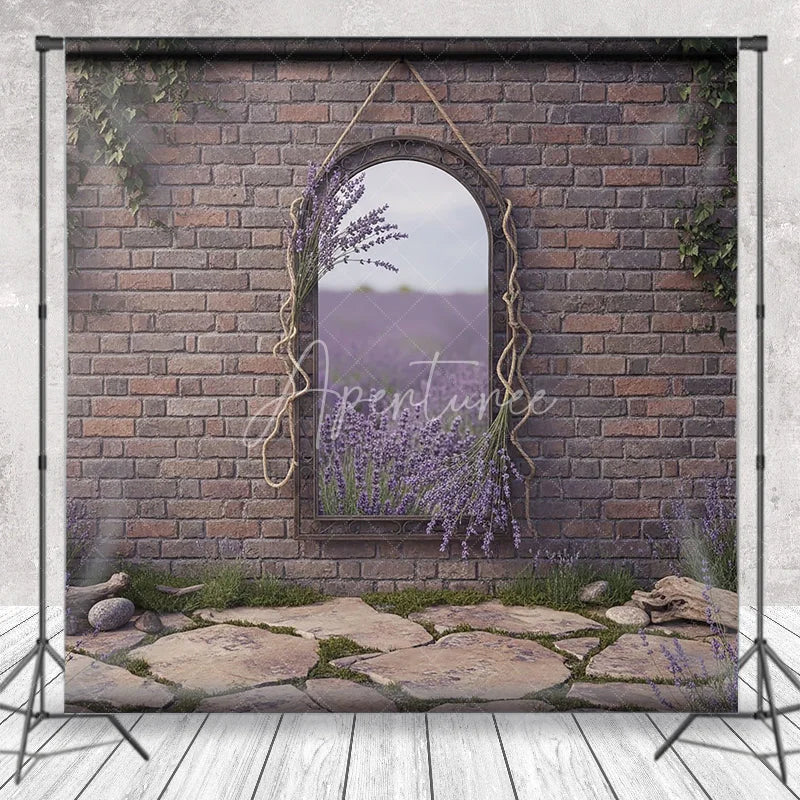 Aperturee - Aperturee Rustic Brick Wall Arched Mirror Photography Backdrop Reflecting Lavender Field and Stone Path Garden Theme
