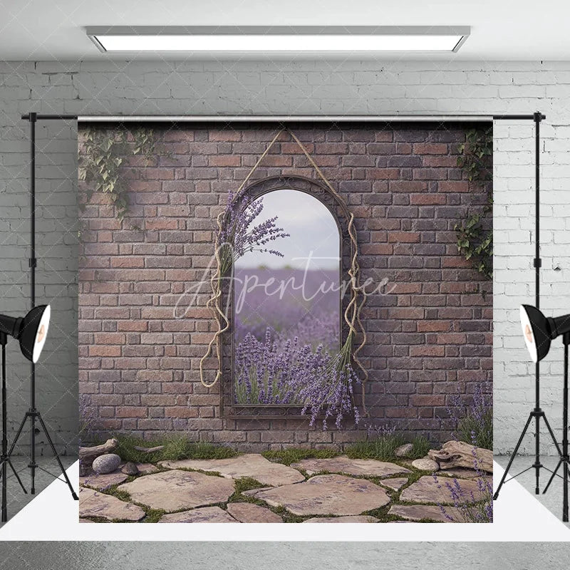 Aperturee - Aperturee Rustic Brick Wall Arched Mirror Photography Backdrop Reflecting Lavender Field and Stone Path Garden Theme