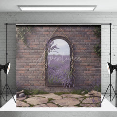 Aperturee - Aperturee Rustic Brick Wall Arched Mirror Photography Backdrop Reflecting Lavender Field and Stone Path Garden Theme