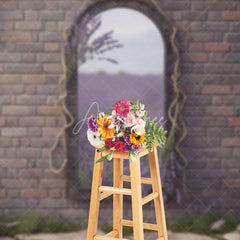 Aperturee - Aperturee Rustic Brick Wall Arched Mirror Photography Backdrop Reflecting Lavender Field and Stone Path Garden Theme