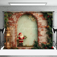 Aperturee - Aperturee Rustic Brick Wall Christmas Backdrop Santa Figurine Arch Photography Background Vintage Lantern Holiday Party Prop