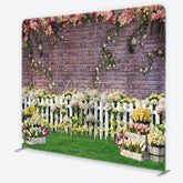 Aperturee - Aperturee Rustic Brick Wall Floral Garlands and White Picket Fence Square Double-Sided Backdrop Vibrant Spring Garden Party