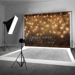 Aperturee - Aperturee Rustic Brick Wall Photography Backdrop with Warm String Lights and Wooden Floor Cozy Festive Party Decor