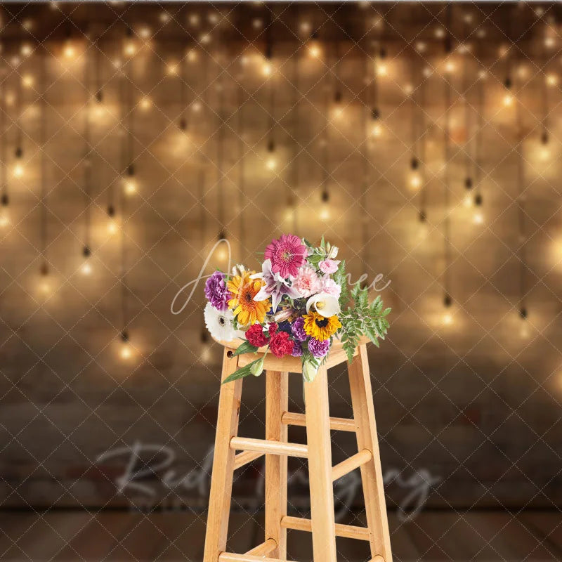 Aperturee - Aperturee Rustic Brick Wall Photography Backdrop with Warm String Lights and Wooden Floor Cozy Festive Party Decor