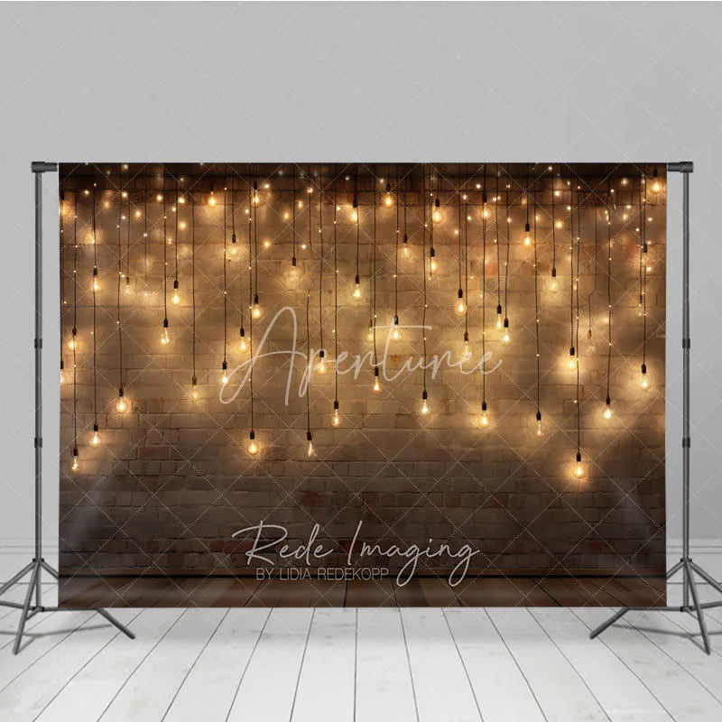 Aperturee - Aperturee Rustic Brick Wall Photography Backdrop with Warm String Lights and Wooden Floor Cozy Festive Party Decor