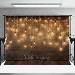 Aperturee - Aperturee Rustic Brick Wall Photography Backdrop with Warm String Lights and Wooden Floor Cozy Festive Party Decor