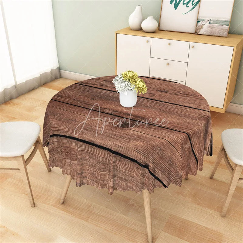 Aperturee - Aperturee Rustic Brown Wood Round Tablecloth Vintage Wooden Plank Texture Table Cover for Kitchen Dining