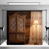 Aperturee Aperturee Rustic Cabin Interior Photography Backdrop Vintage Wood Armoire and Lace Curtain Moody Farmhouse Studio Prop