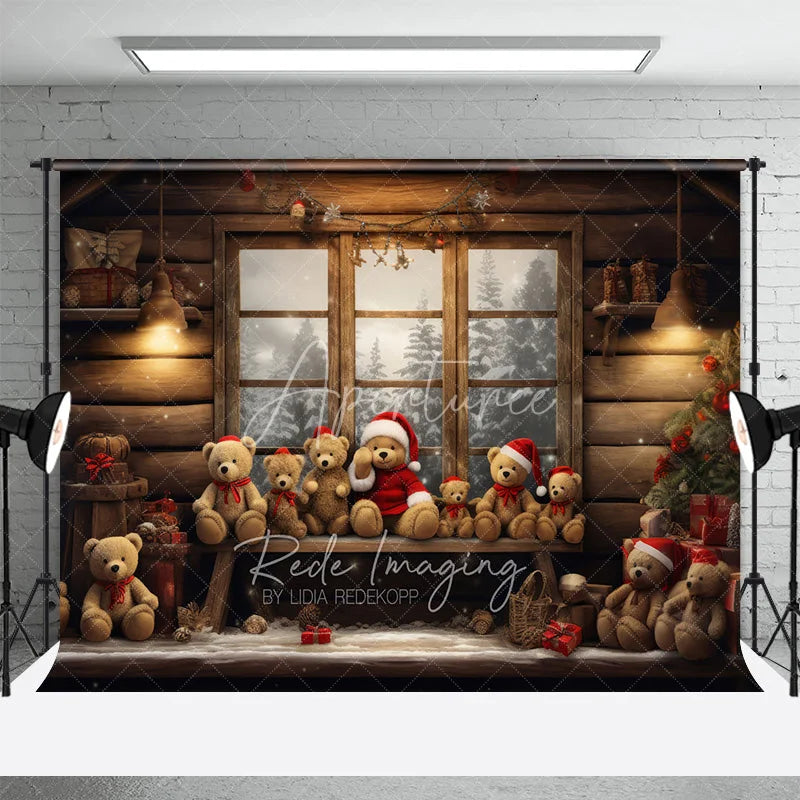 Aperturee - Aperturee Rustic Cabin Window Christmas Backdrop Teddy Bear Snow View Background Wooden House Winter Holiday Party Decoration