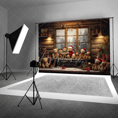 Aperturee - Aperturee Rustic Cabin Window Christmas Backdrop Teddy Bear Snow View Background Wooden House Winter Holiday Party Decoration